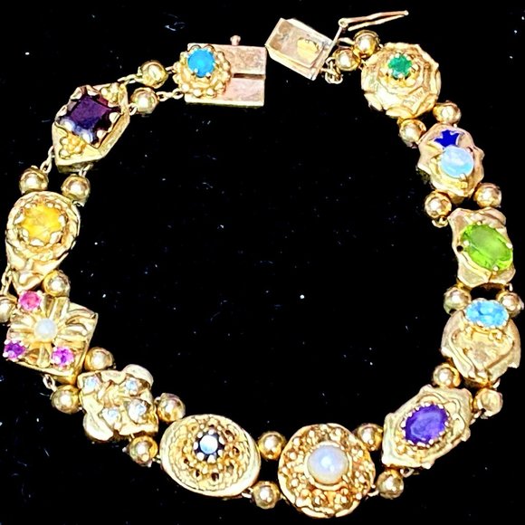 14K yellow gold gemstone sliding Charm bracelet 7" 26.4gm JR7551 - Picture 2 of 12
